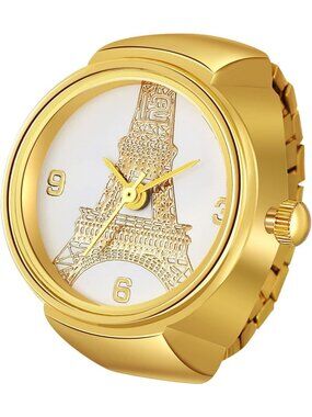Unisex Gold Analog Plated Elastic Eiffel Tower Simple Round Finger Ring Watch